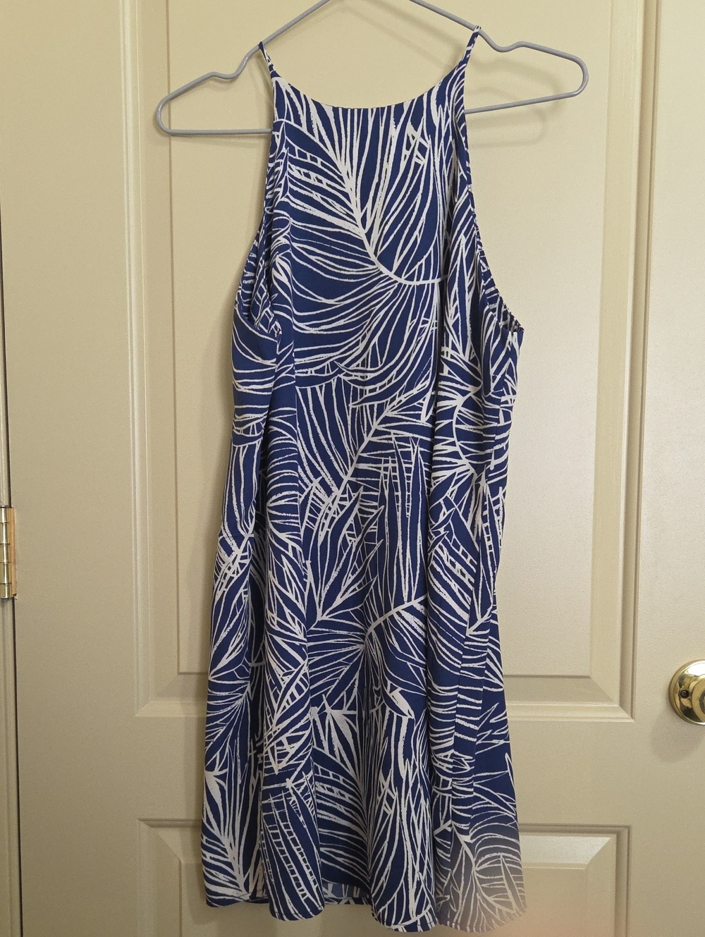 Tyche. Blue & White Tropical Print Halter Sundress